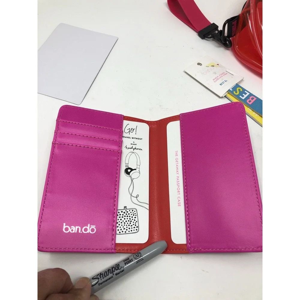 PINK Circular Plastic bag see through with‎ passport wallet, sunglasses & strap